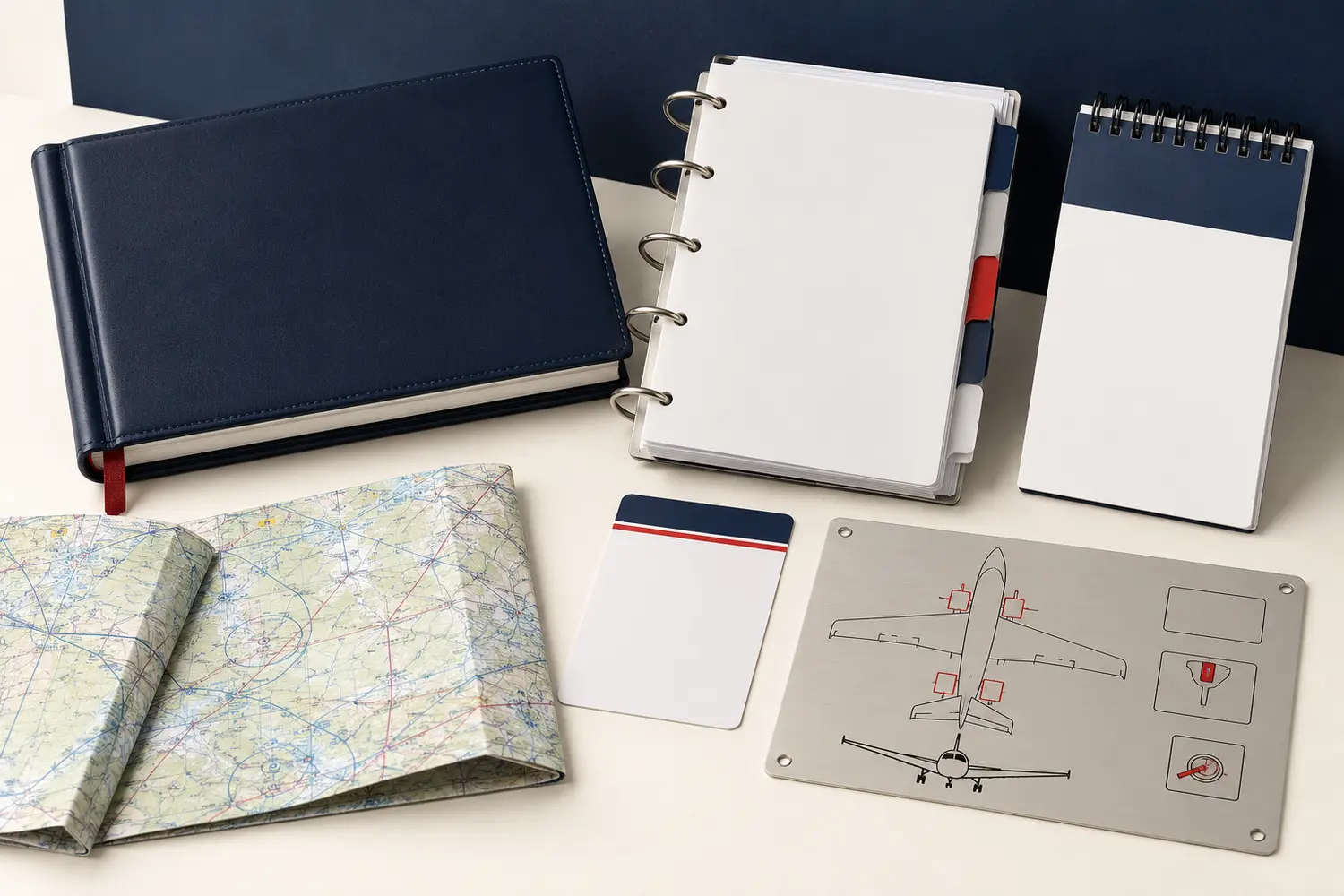 Illustrative aviation manuals, logbook, checklist, lanyard and tumbler