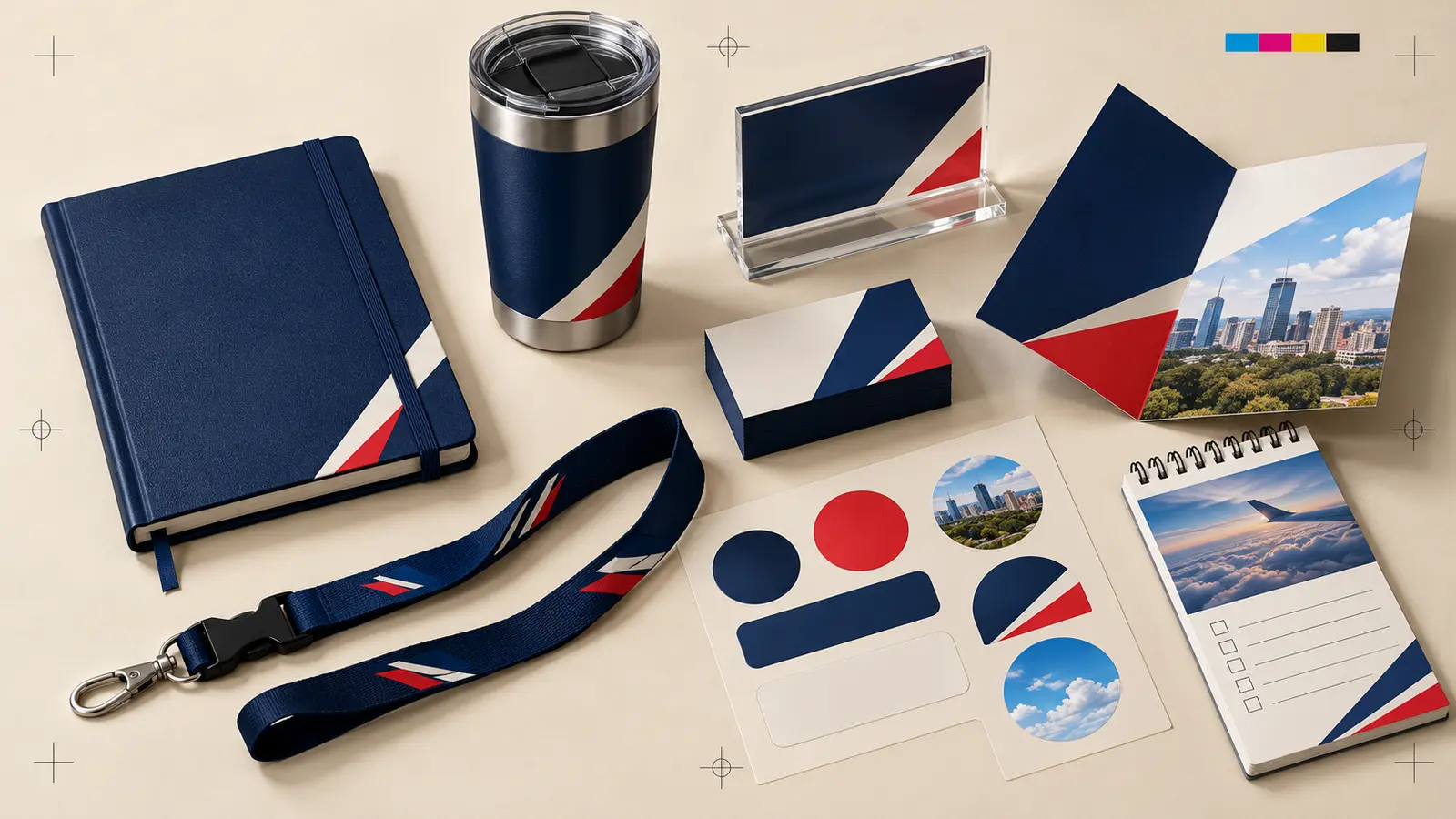 Illustrative arrangement of branded stationery, packaging and merchandise