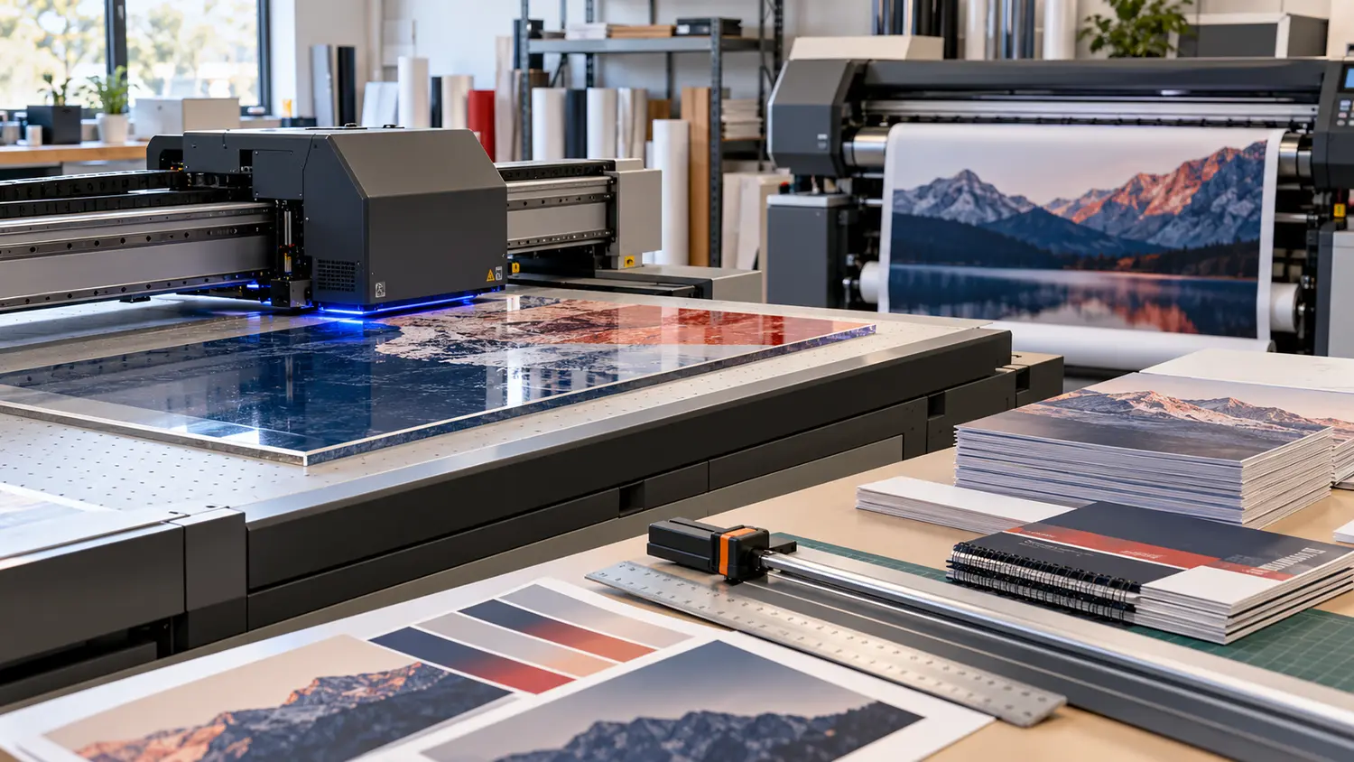 Illustrative close-up of a commercial print production line